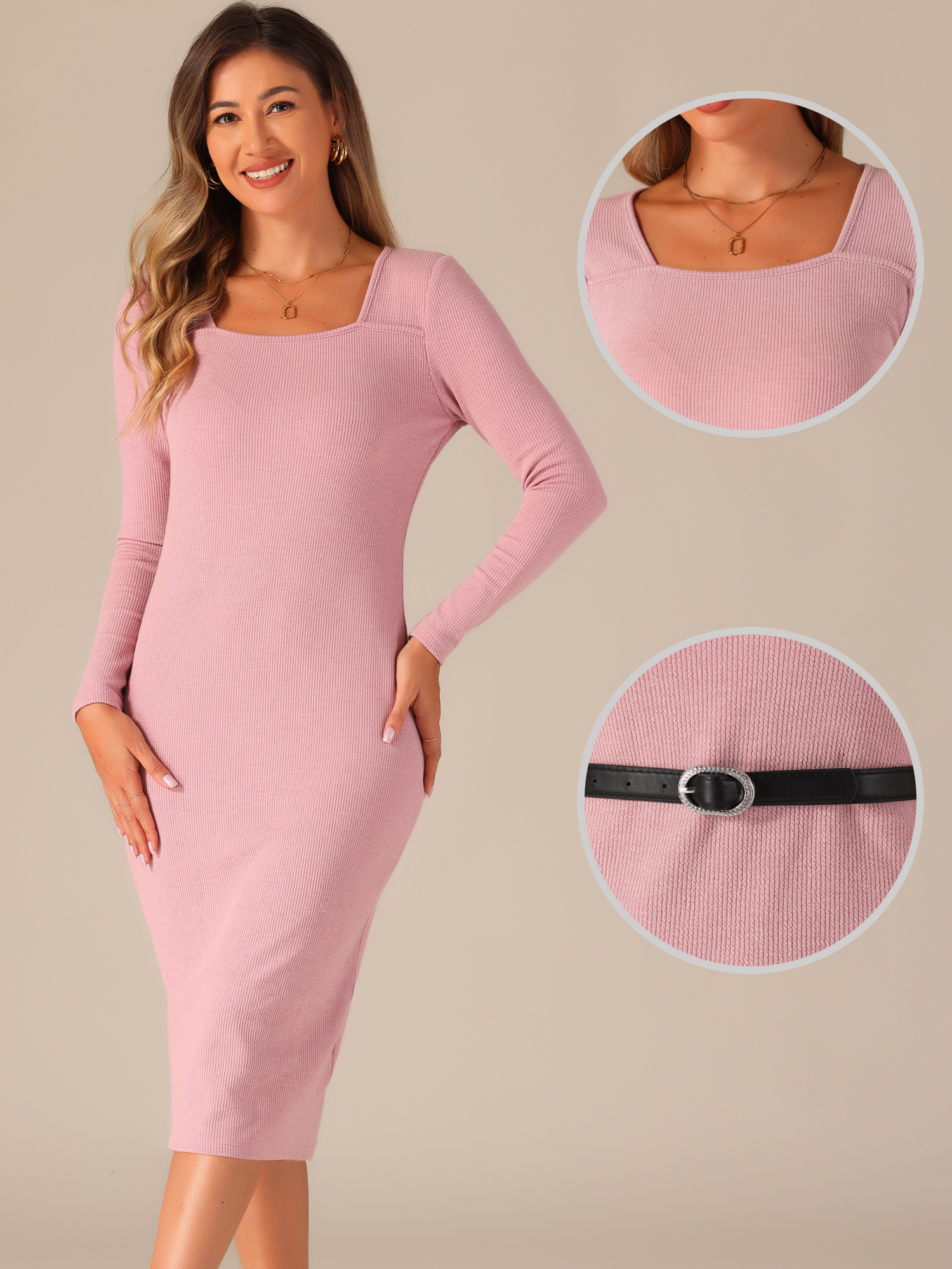 DARING DIVA Ribbed Square Neck Belted Casual Midi Dress XL Pink Gray