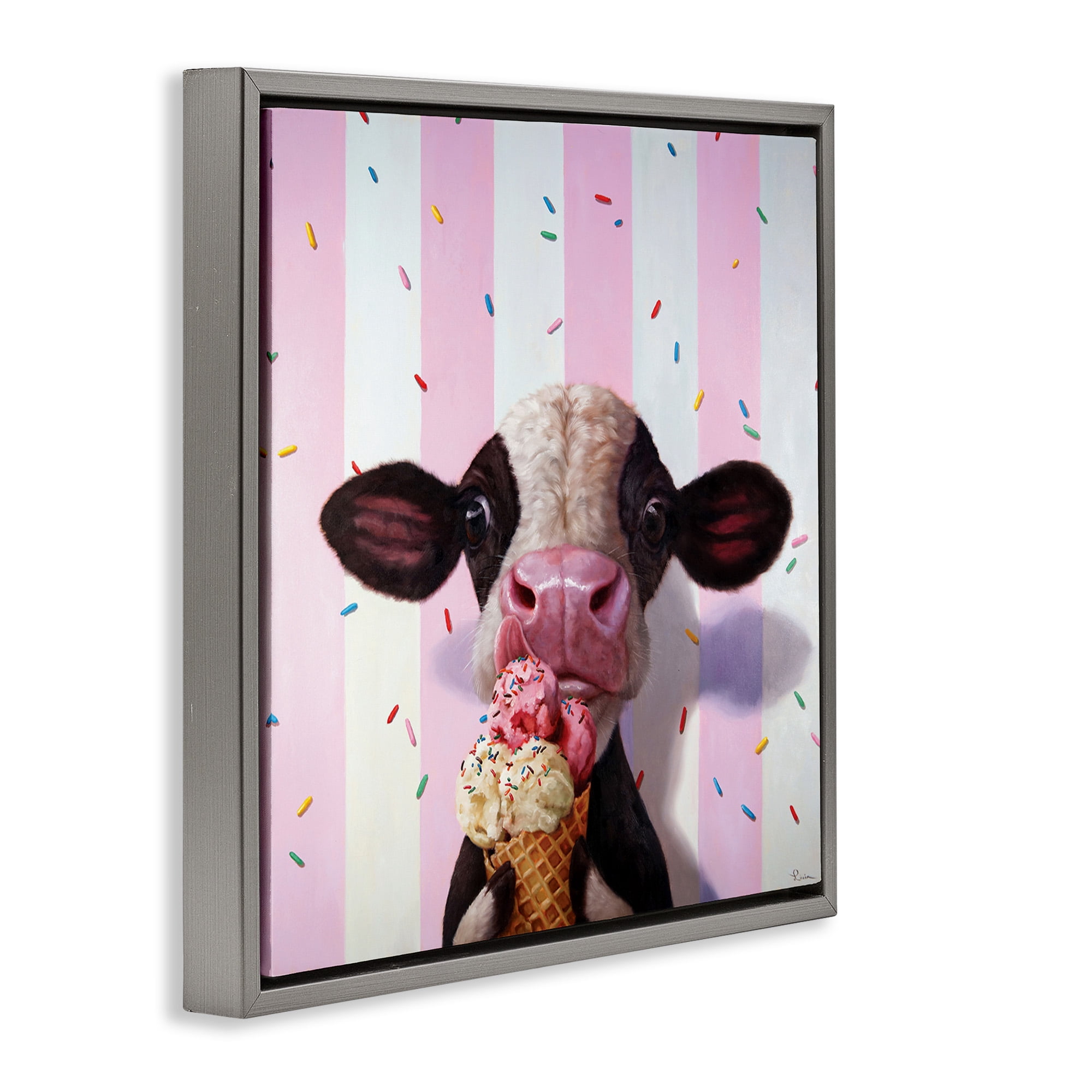 Stupell Industries Cow with Ice Cream Cone Animals & Insects Painting Gray Floater Framed Canvas Art Print Wall Art, 25 x 25
