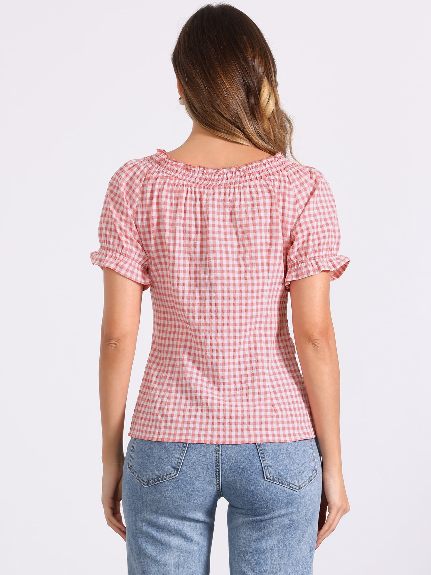 DARING DIVA Women's Gingham Plaid Peasant Round Neck Puff Sleeve Tops S Pink
