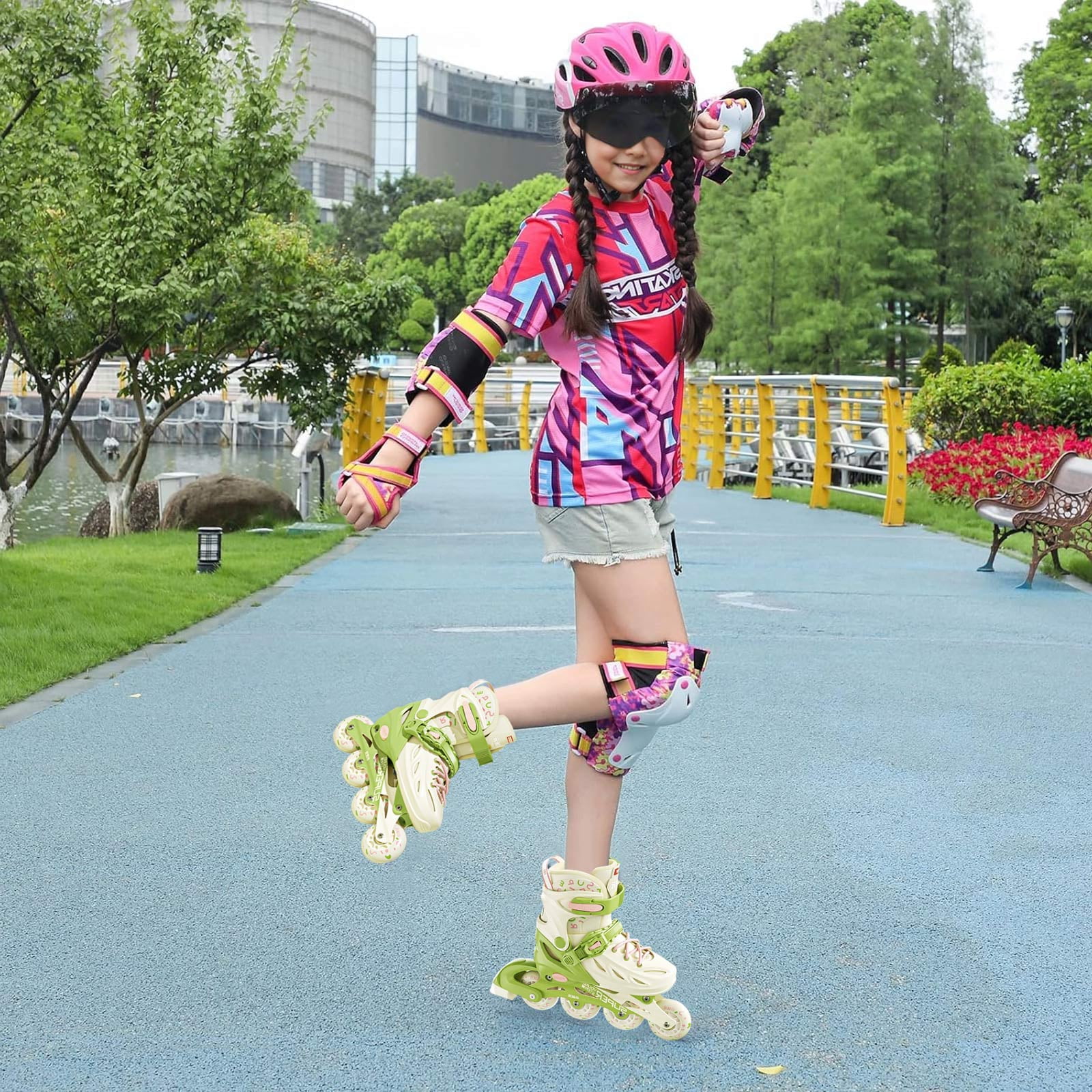 Adjustable Inline Skates with Light up Wheels, Outdoor Roller Skates for Kids Girls Boys Youth Beginners (Large, Green)