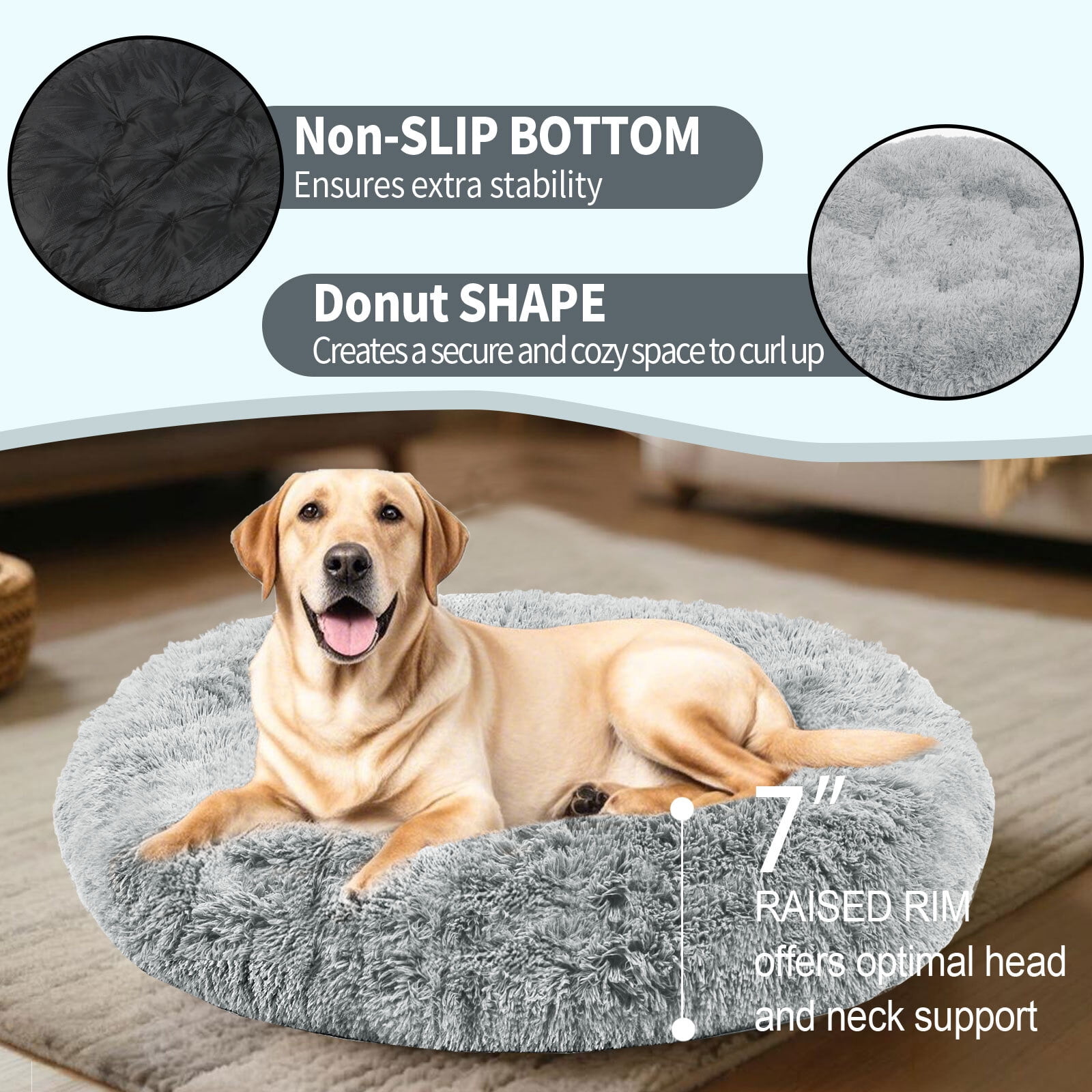 Katieovy Dog Bed for Large Dogs,Fluffy Calming Donut Dog Beds,35 inch Washable Plush Round Dog Mat with Non-Slip Bottom,Gray