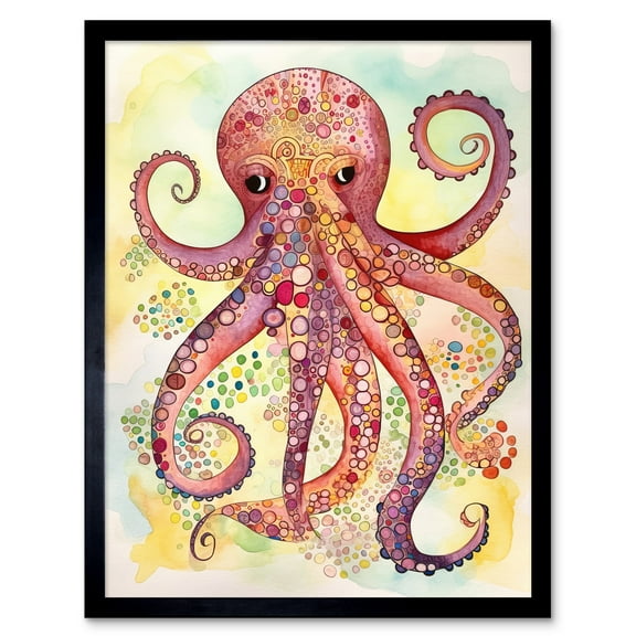 Octopus Portrait Bright Folk Art Watercolour Painting Art Print Framed Poster Wall Decor 12x16 inch