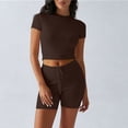 thumbnail image 4 of Hurxie Women's 2 Piece Outfits Lounge Sets Slim Fitted Short Sleeve Crop Tops Fold Over Shorts Casual Comfy Trasuits Brown,S, 4 of 6