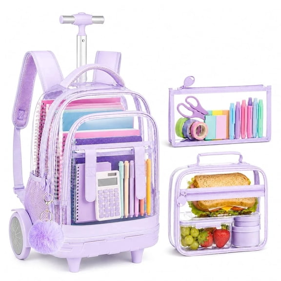Big Wheel Clear Rolling Backpack for Women & Girls - Water-Resistant See-Through Wheeled Bag for Travel, School, 3-Pack (Purple)