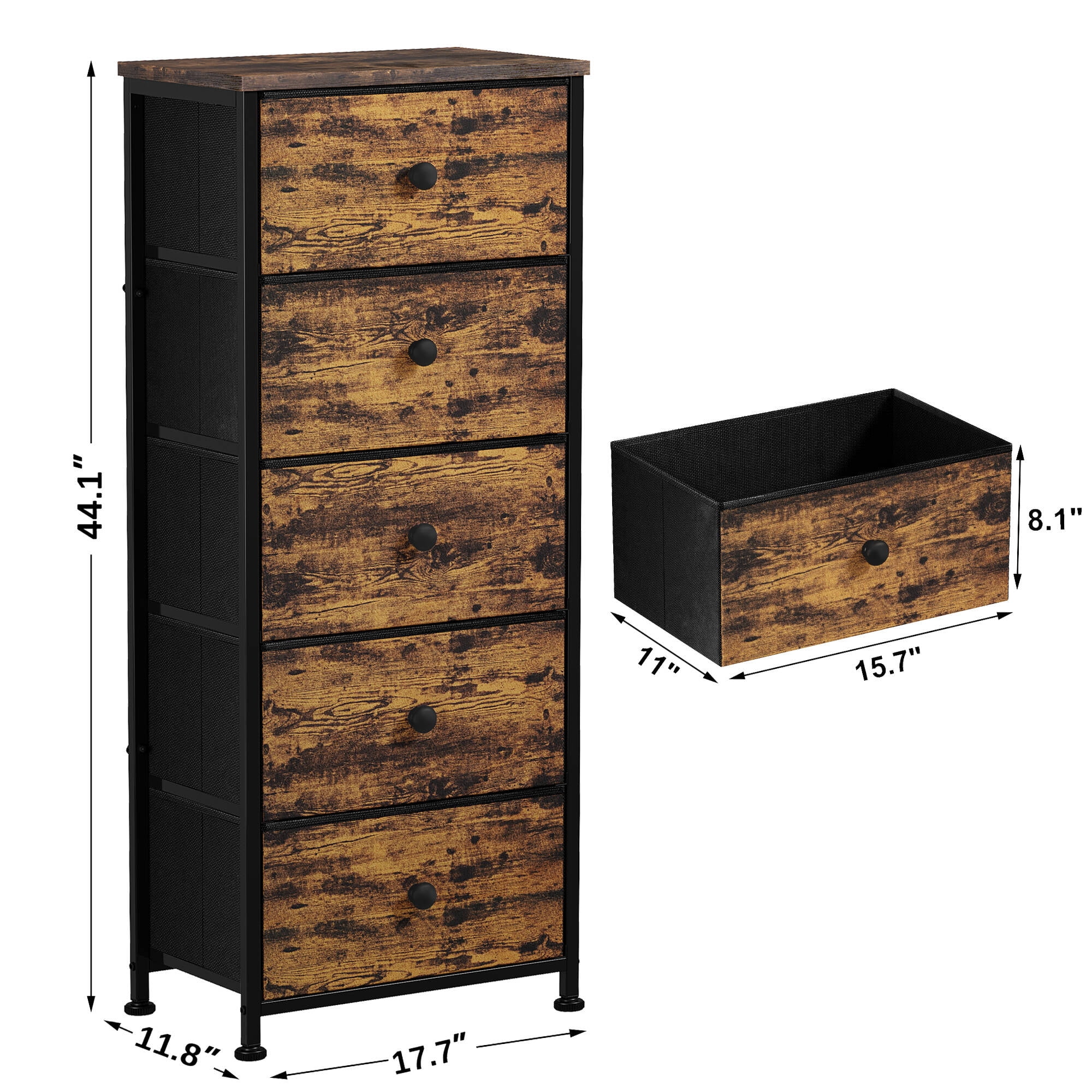 GUNAITO 5 Drawer Dresser for Bedroom Tall Narrow Chest of Drawers Fabric Storage Dresser for Adults,Rustic Brown