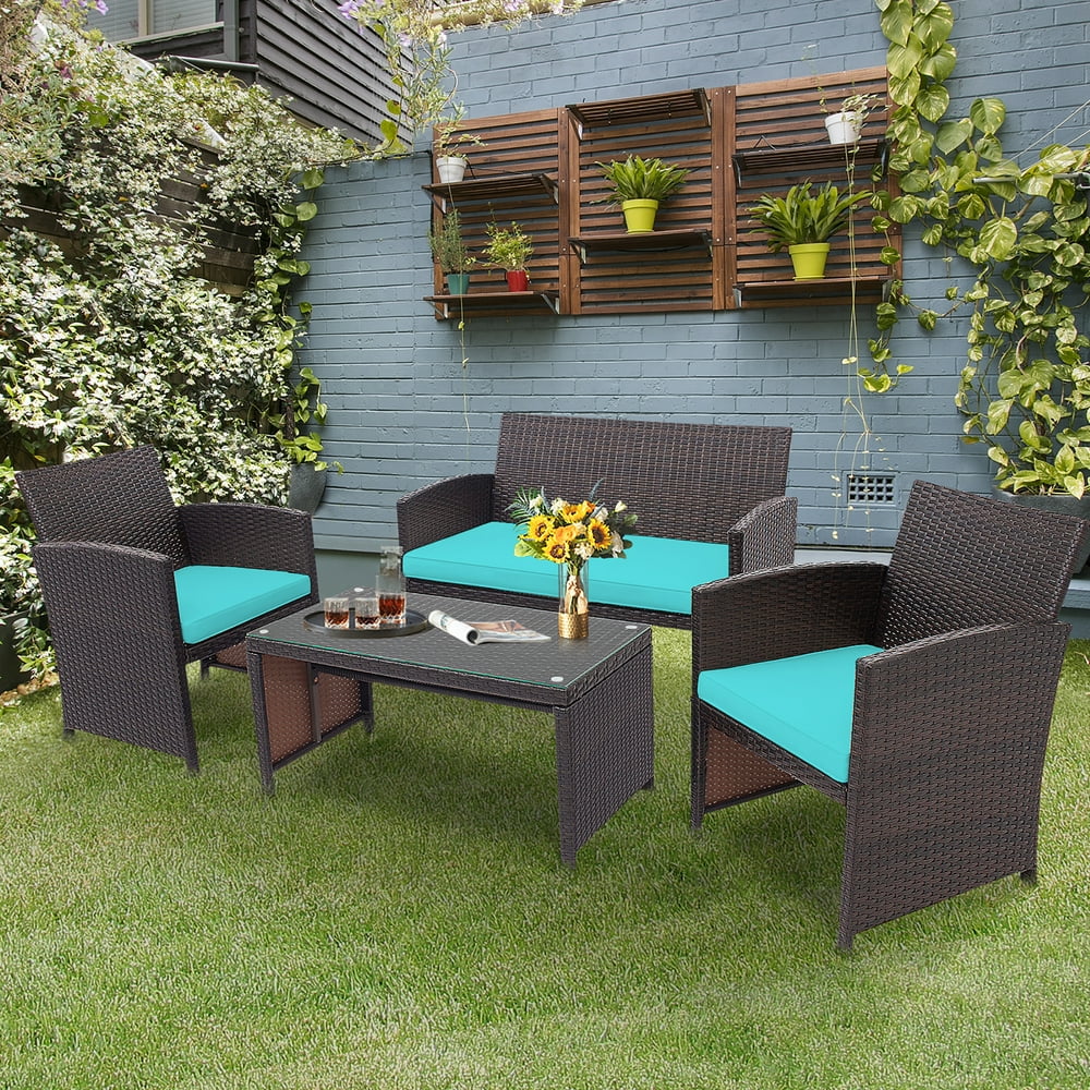 Costway 4PCS Patio Rattan Furniture Set Cushioned Chair Sofa Table