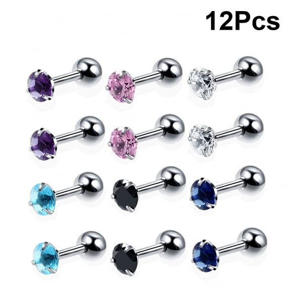 TELOLY 12pcs Stainless Steel Barbell Ear Cartilage Tragus Helix Stud Earring Piercing Surgical Steel Zircon Multicolor Ear Studs (Assorted Color)
