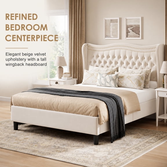 Miniyam Full Size Wingback Bed with 52" Velvet Upholstered Headboard, Nailhead Trim, Sturdy Wood Slats for Adults, Beige