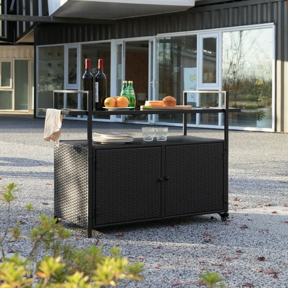 Rustic Outdoor Wicker Bar Serving Cart With Wheels and Tempered Glass Table Top, For Backyard, Garden, 2 Color