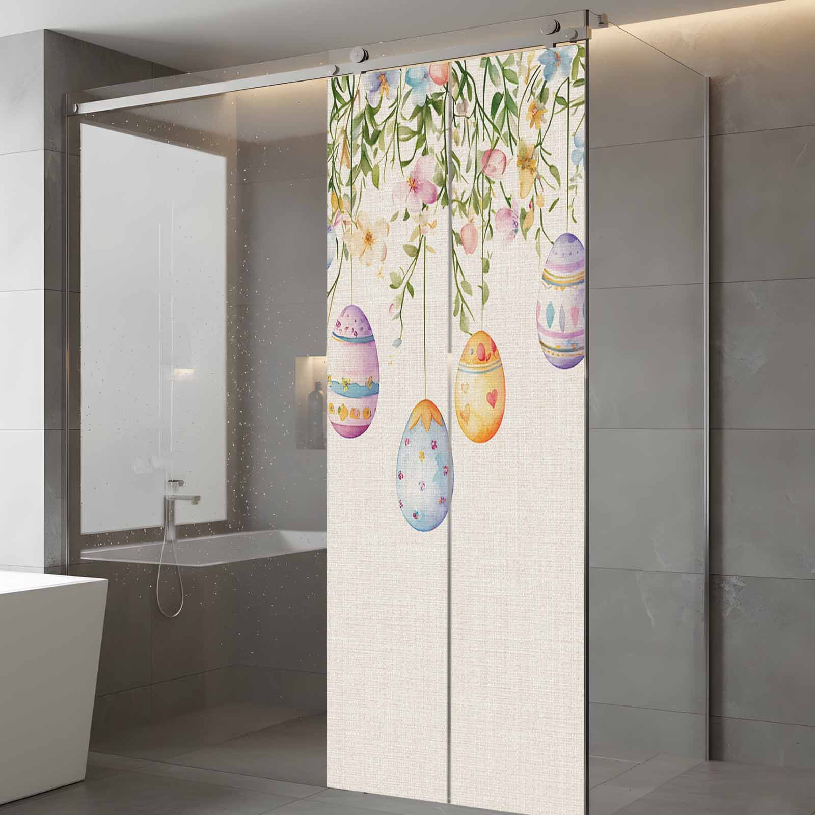Spring Colorful Window Privacy Film, Easter Eggs Flowers Eucalyptus Leaf Retro Frosted Glass Window Clings Static Cling UV Heat Blocking Reusable Door Sticker for Bathroom 23.6 x 59 Inch
