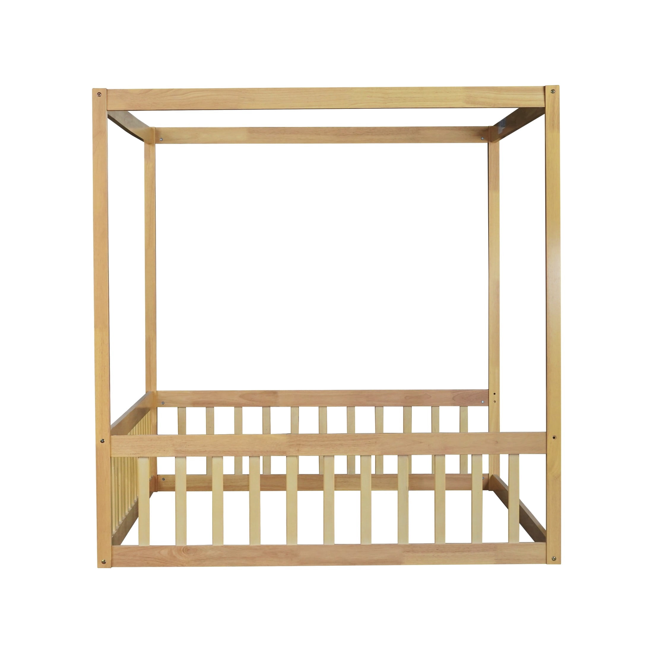 Noble House Dorris Full Canopy Floor Bed with Fence Guardrails, Solid Rubber Wood Montessori Bed, Kid's Room, Natural