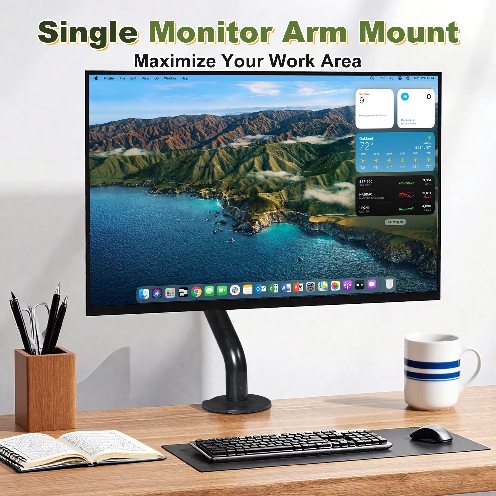 MAYEERTY Single Gas Spring Monitor Arm, Adjustable Desk Mount for 15-32 inch Screens, Clamp & Grommet Base, Black