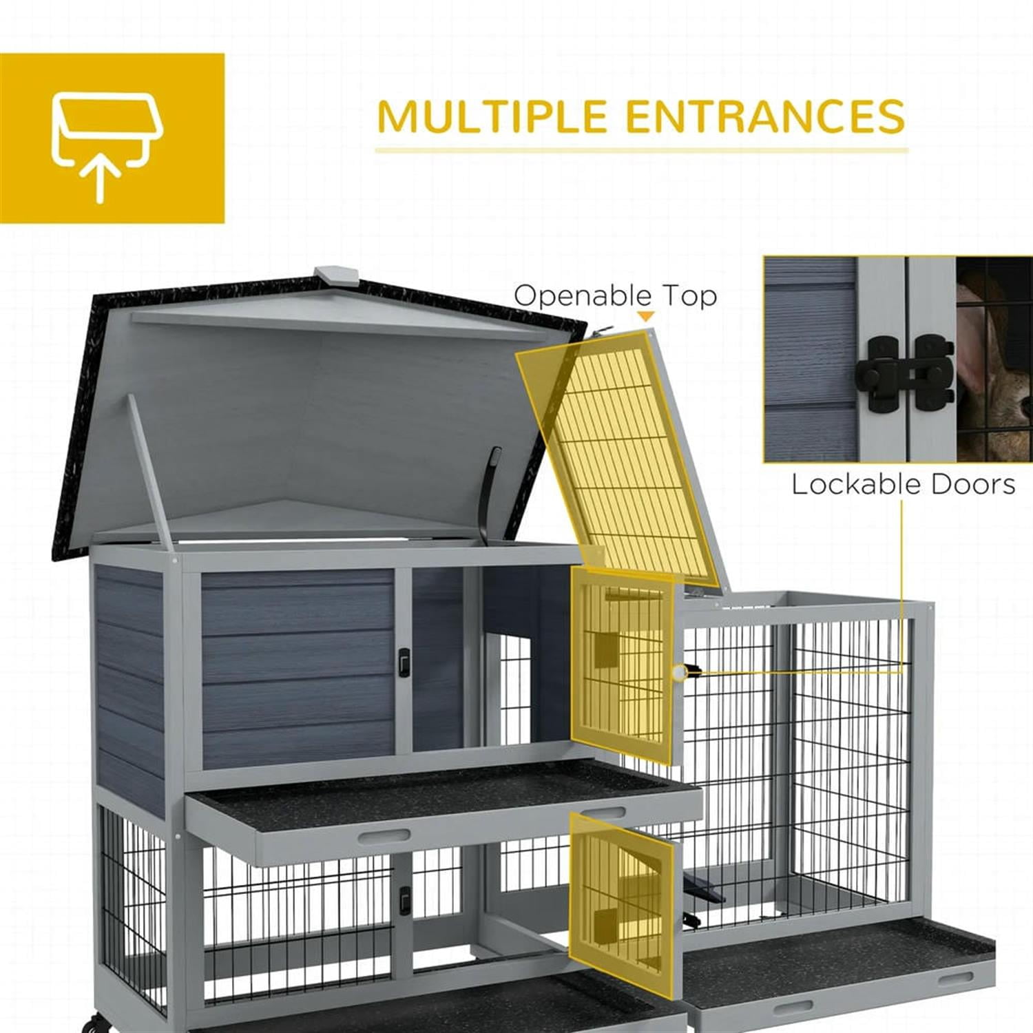 Kadyn 62" 2-tier Wooden Rabbit Hutch with Wheels and Slide-out Tray, Outdoor Small Animal Habitat Chicken Coop Bunny Cage for Bunnies, Guinea Pigs, Gray