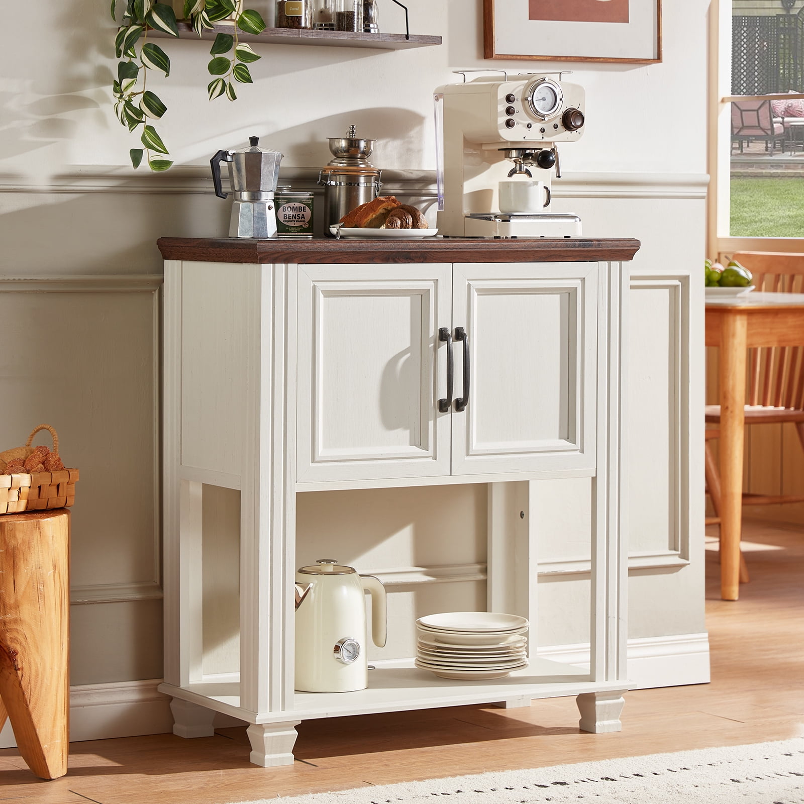 Buildhom Farmhouse Coffee Bar Cabinet with 2 Doors & Open Shelf, Kitchen Storage Station for Dining Room, Living Room, White