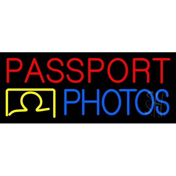 Red Passport Blue Photos LED Neon Sign 13 x 32 - inches, Clear Edge Cut Acrylic Backing, with Dimmer - Bright and Premium built indoor LED Neon Sign for art gallery, and exhibition.