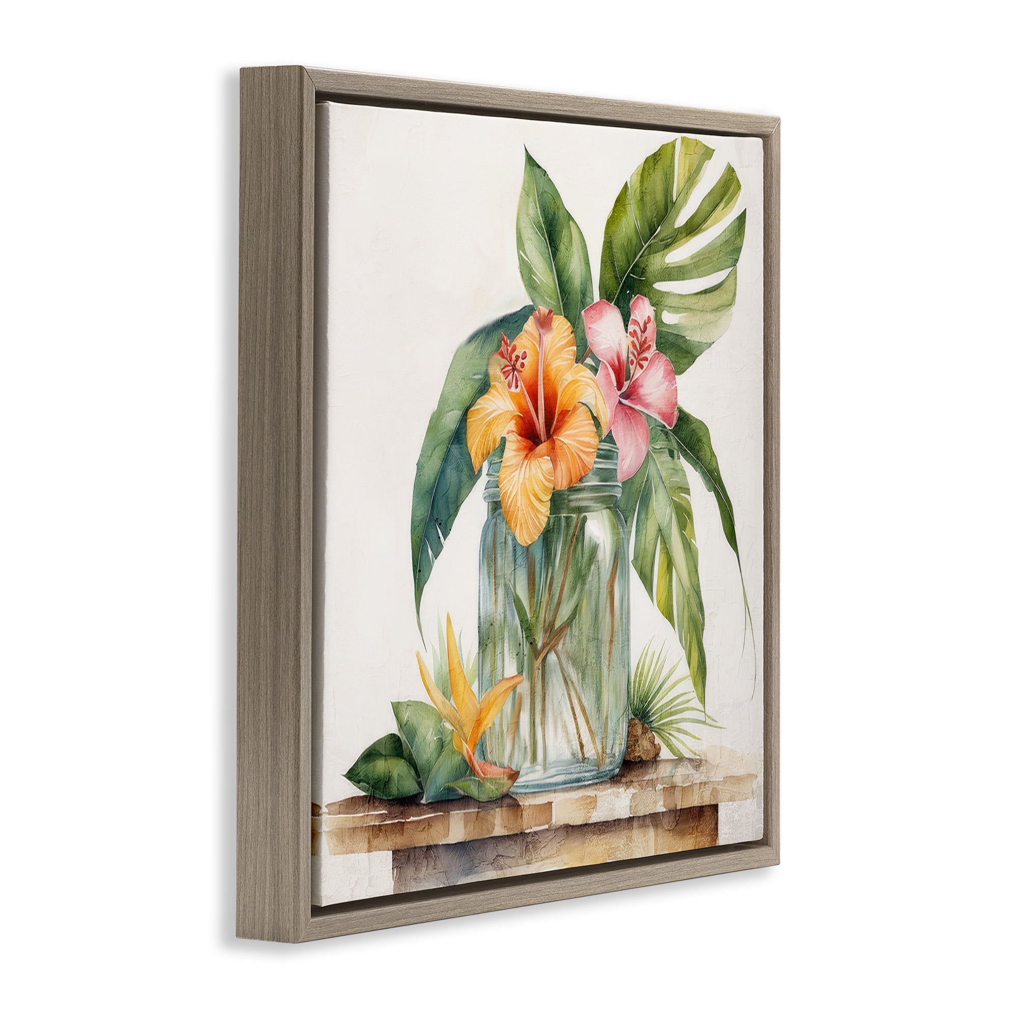 Stupell Industries Tropical Floral Vase Plants & Flowers Painting Brown Floater Framed Canvas Art Print Wall Art, 25 x 25