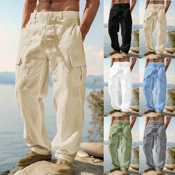 lcziwo Man Summer Cargo Pants with Multi Pockets EDC Work Trousers Cotton Linen Golf Fishing Classic Fit Drawstring Pants Khaki M