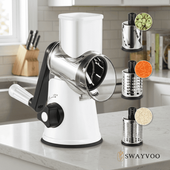 Swayvoo Rotary Grater 3 Blade Cheese Grater, Mandoline Vegetable Chopper, Cheese Shredder, Rotating Drum Grater White