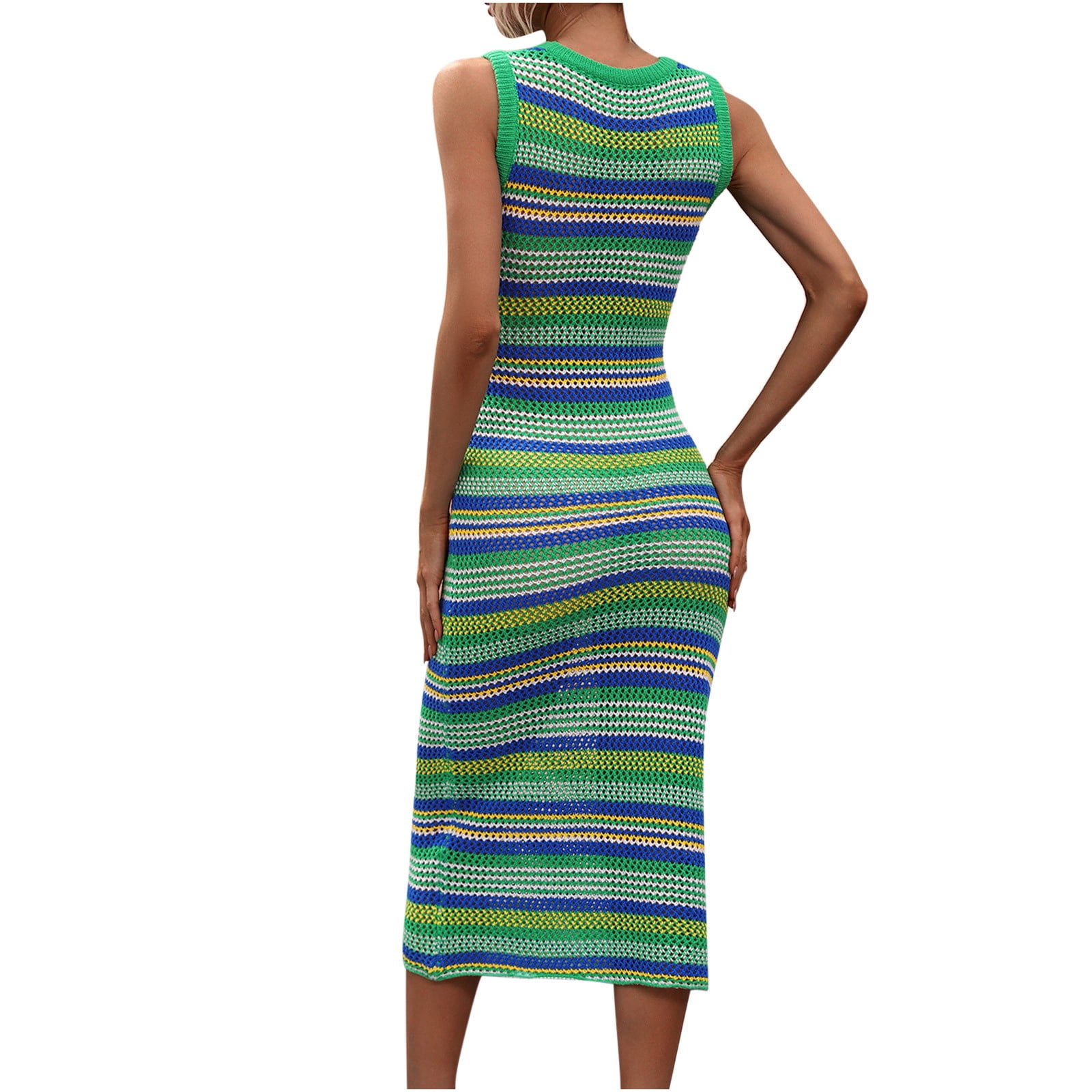 Crochet Dresses for Women Sexy Hollow Out Knitted Beach Bikini Cover Ups Sleeveless Crew Neck Trendy Stripe Printed Slim Fit Cover-Up Tank Midi Dress