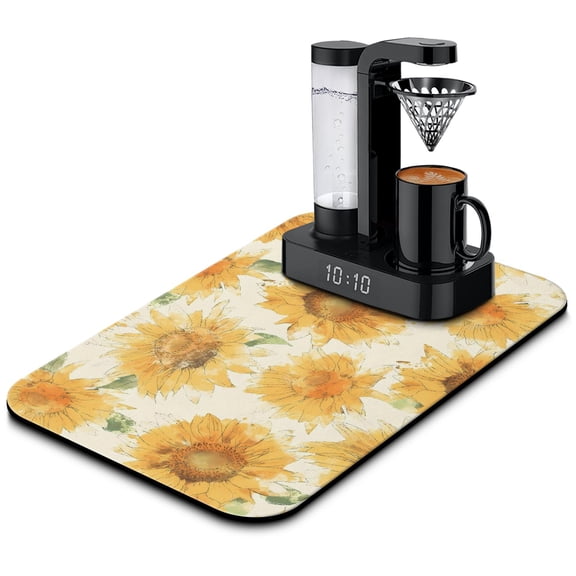 Kitchen Essential Super Absorbent Coffee Drying Mat Fast-Drying Diatom Mud Material, Coffee Mat Sized 19.5x12in Elegantly Adorned with Sunflowers