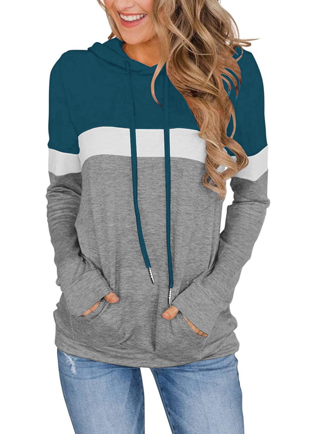 LACOZY Clearance Womens Long Sleeve Contrast Hooded Drawstring Sweatshirt Large Size