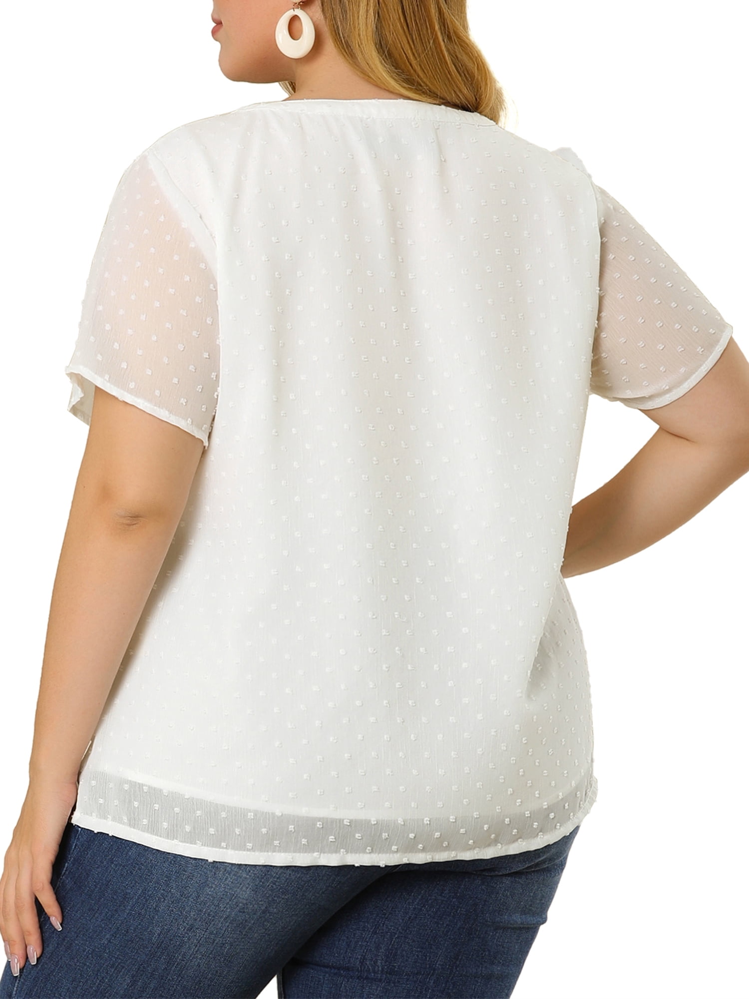 Unique Bargains Women's Plus Size Outfits Fashion Solid Pin Dots V Neck Top 4X White