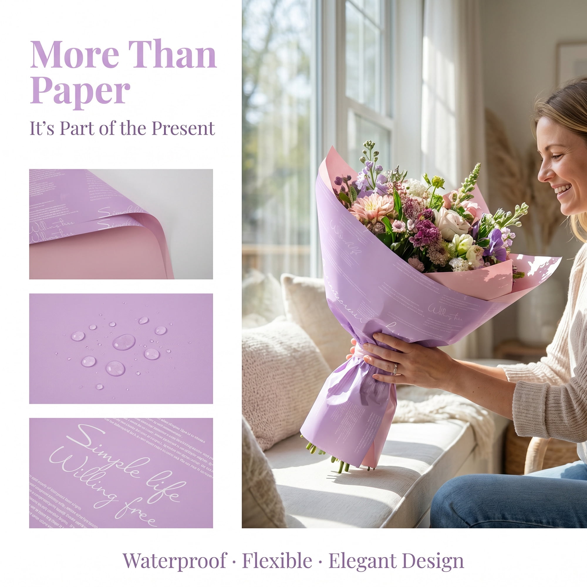 Unique Bargains Waterproof Gift Wrap Paper for Bouquets and Gifts Purple 22.4"x 22.4"