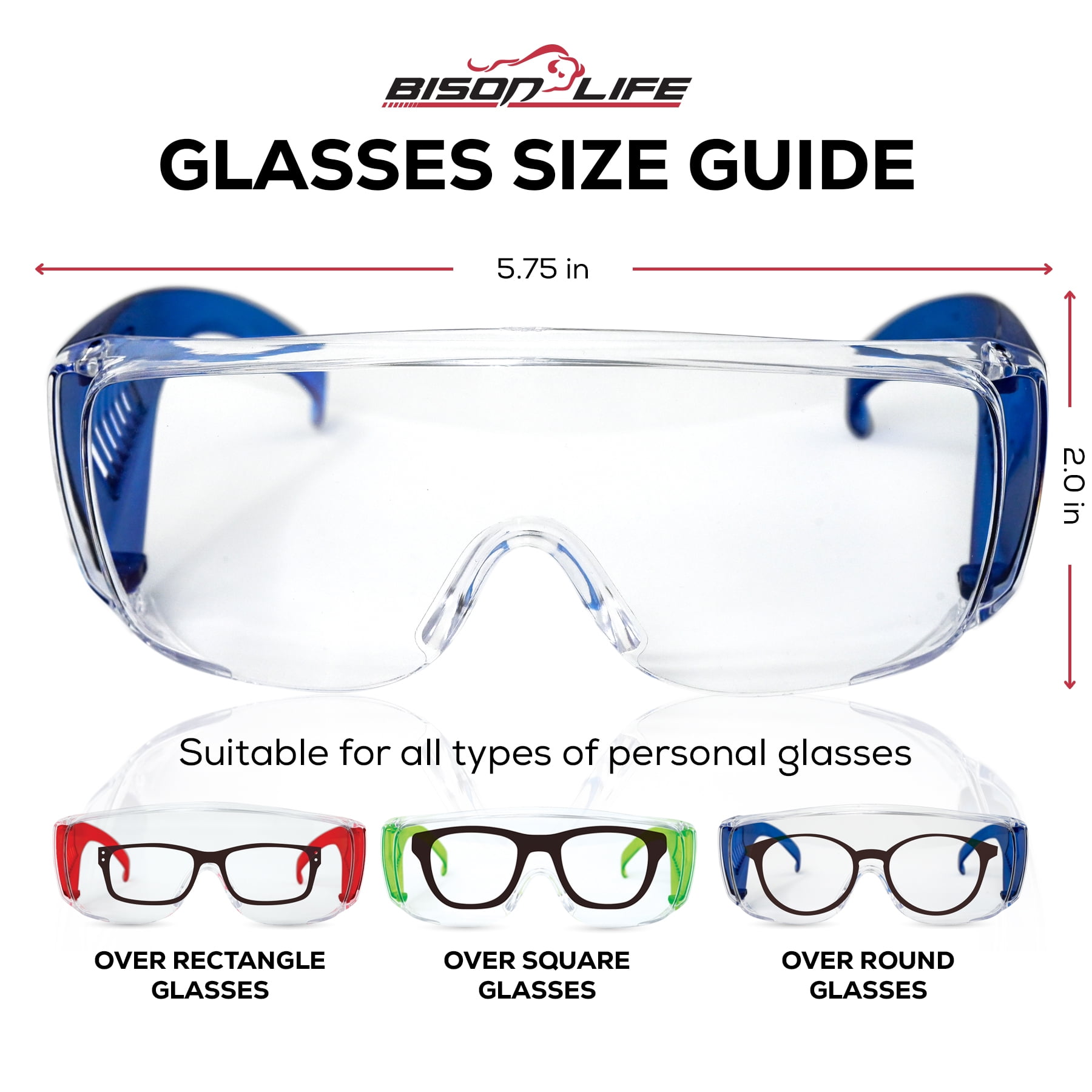BISON LIFE Diamont Kids Over Glass Safety Glasses, 6 Pack, ANSI Z87.1, Youth Protective Goggles, Red, Green & Blue Temples
