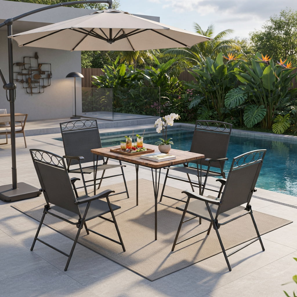Hommoo 4-Pack Folding Patio Chairs with Armrests, Outdoor Dining Chairs, Lightweight Metal Frame, Easy-Store Compact Design for Deck, Backyard & Poolside, Gray