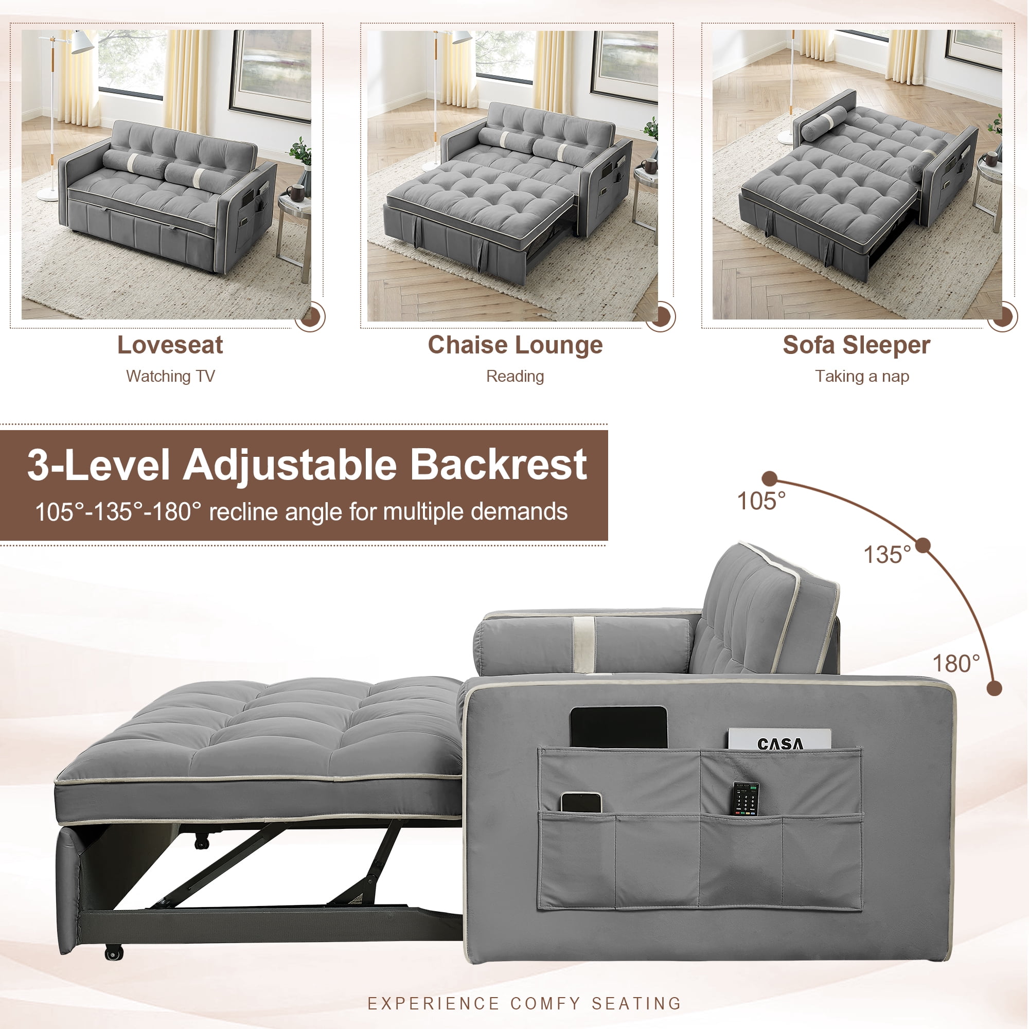 KINFFICT Futon Sofa Bed, Convertible Sleeper Sofa Bed with Pull Out Couch, Modern Velvet Loveseat Sleeper, Small Couch for Living Room, Gray