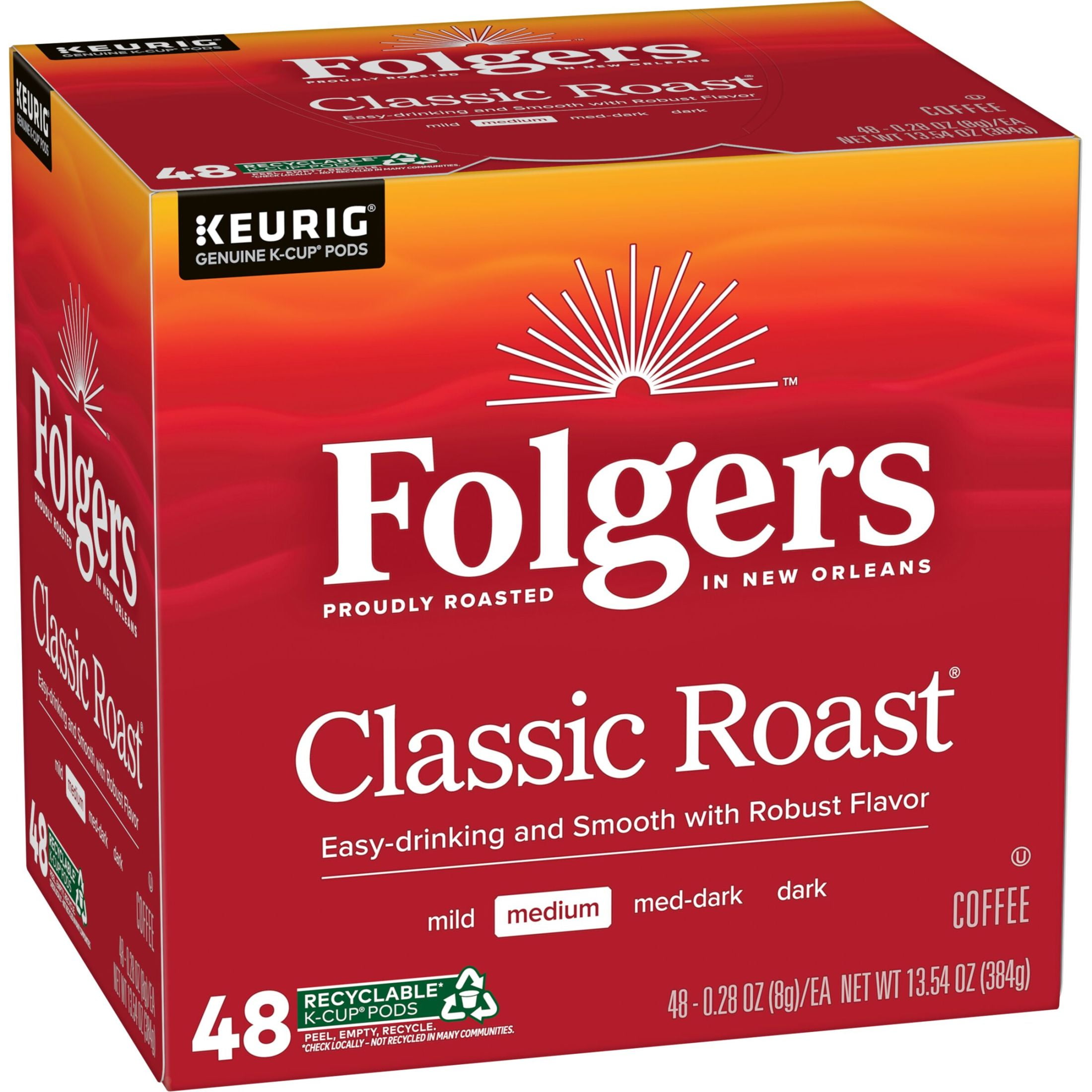 Folgers Classic Roast, Medium Roast Coffee, Keurig K Cup Pods, 48 Count Box