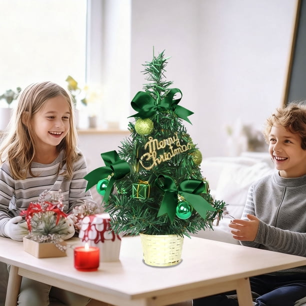 Adorno navideño retráctil mini de 30 cm | Decoración navideña de escritorio | Árbol de mesa de plástico ensamblado a mano con lazos y adornos navideños | Dorado, rojo, azul y verde
