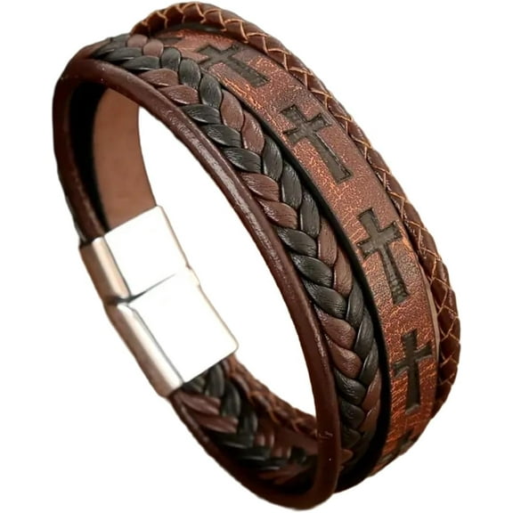 Mens Braided Leather Bracelet Cross Love Bangle Wristband Bracelet with Stainless Steel Closure