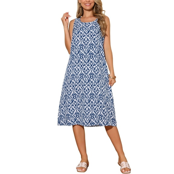 INSPIRE CHIC Women's Summer Dresses Beach Casual Sleeveless Sundress Crewneck Print Loose Midi Tank Dress with Pockets S Dark Blue