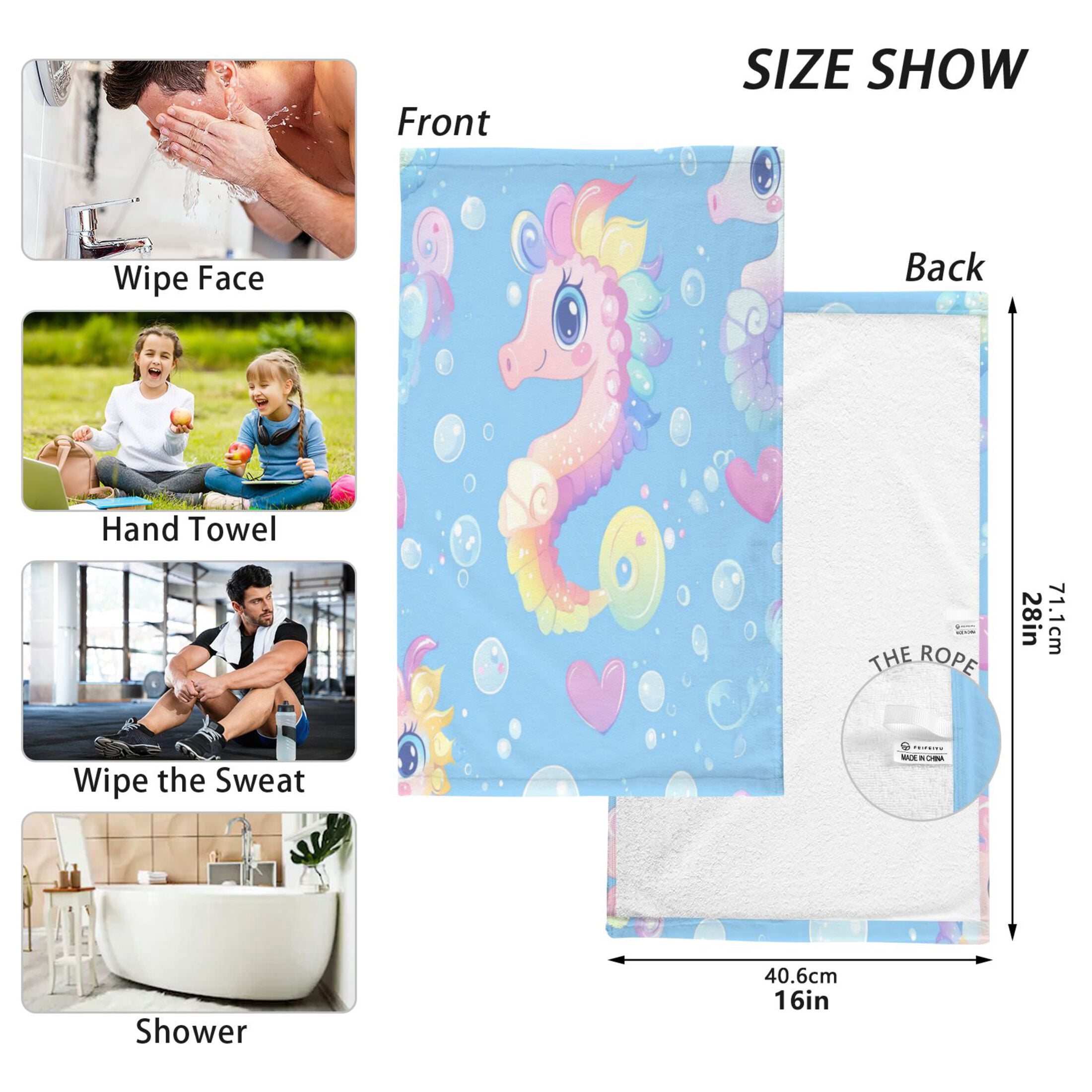 Wobogo Pattern Featuring Cute Baby Seahorses 100% Cotton Towel 2 Pieces Set Super Soft and Highly Absorbent Suitable for Bathroom Gym Travel Camping Pool