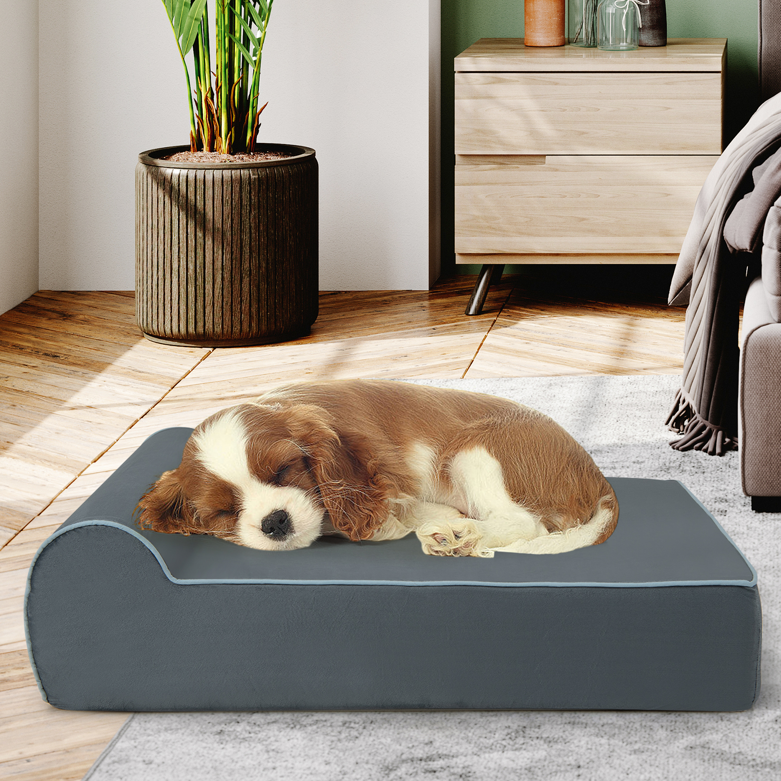 Infans Memory Foam Orthopedic Dog Bed for Large Dogs w/ Headrest & Washable Cover Grey