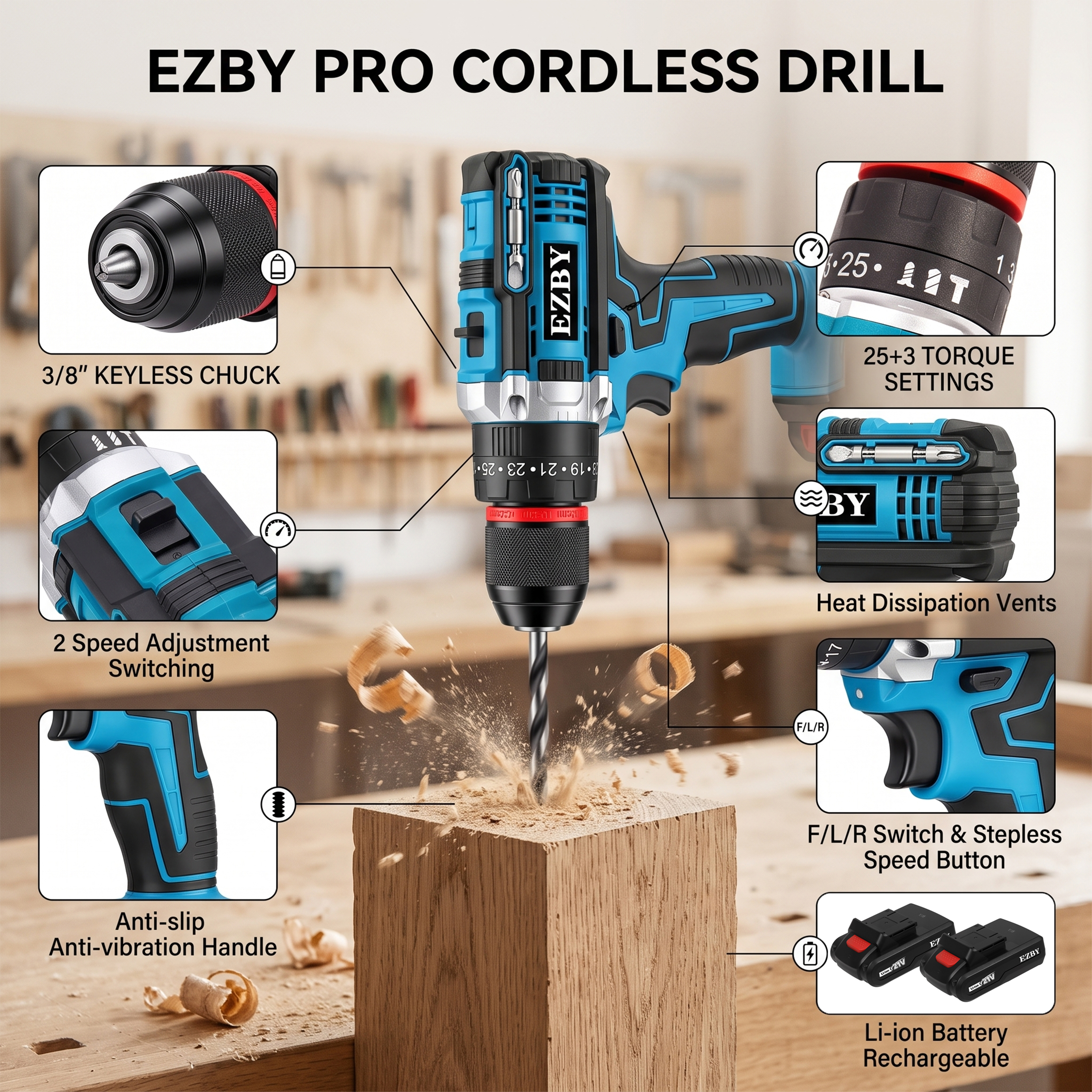 EZBY 21V Cordless Drill Set with 2 Batteries and 96 Pieces photo 2