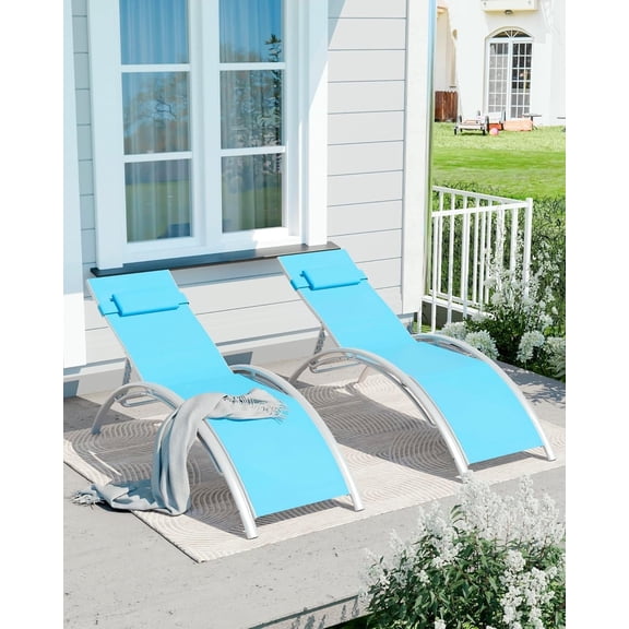 IdealHouse Patio Chaise Lounge Set of 2 - Aluminum Outdoor Recliners with 4-Position Adjustable Backrest & Armrests for Backyard/Beach, Blue