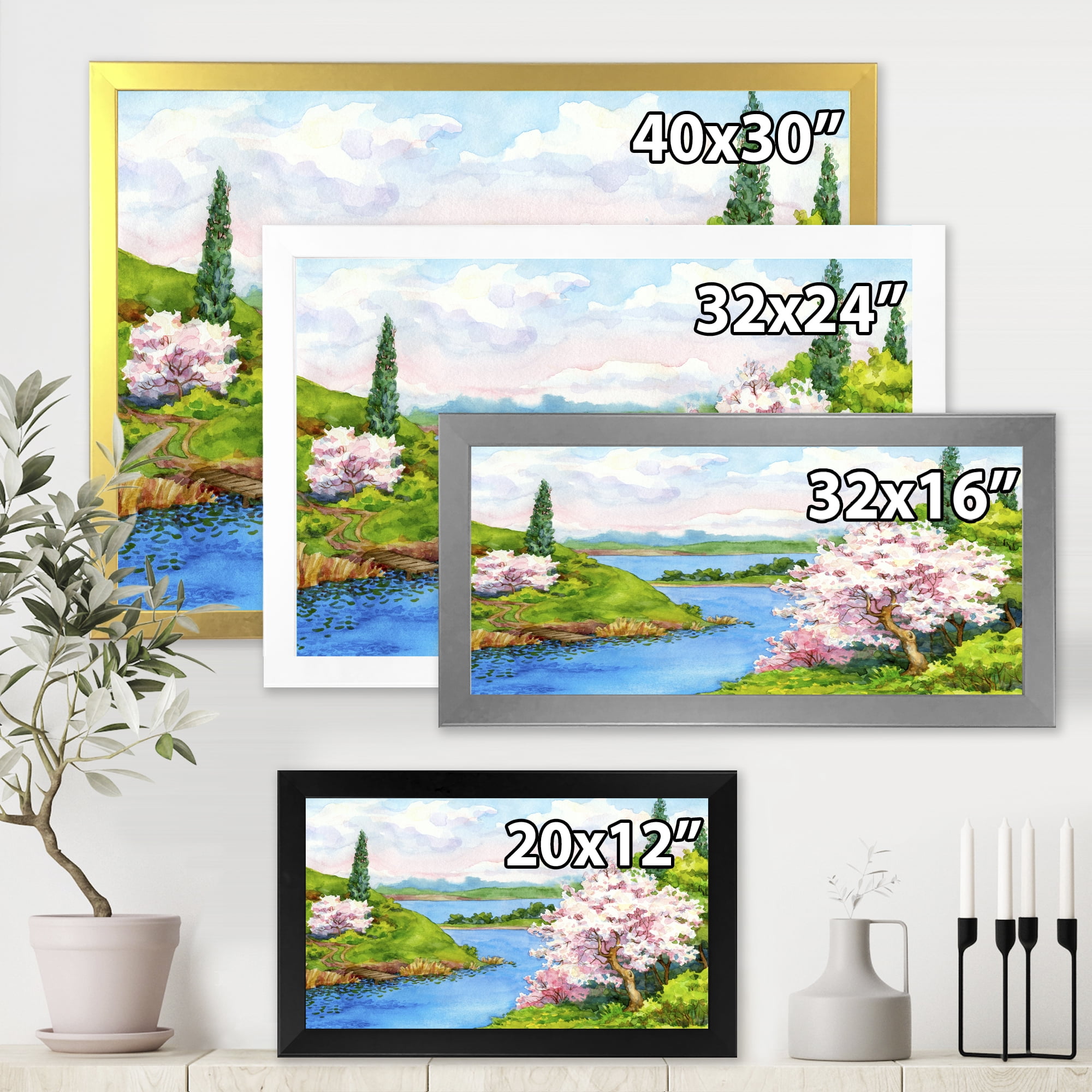 A Bright Blue Sky Over Spring Landscape 32 in x 16 in Framed Painting Canvas Art Print, by Designart
