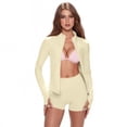 thumbnail image 6 of BOMYJESK Two Piece Sets for Women Cropped Long Sleeve Zip Up Athletic Jackets High Waist Shapewear Shorts Gym Yoga Sets with Thumb Holes Beige L, 6 of 7