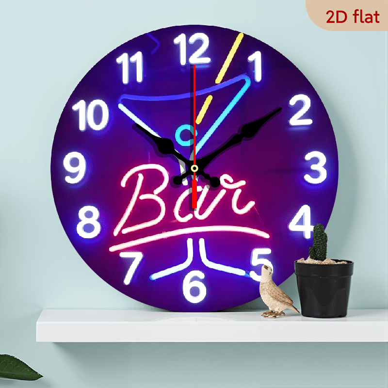 A 10-inch 2D flat Neon Glass Cup themed wooden circular wall clock, suitable for decoration in bedrooms, living rooms and offices. It is an ideal gift for Christmas and New Year.
