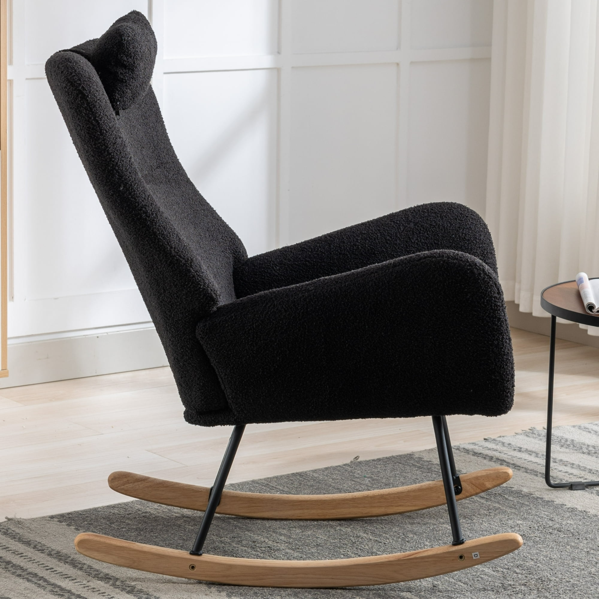 Clipeyh Teddy Fleece Upholstered Glider Rocking Chair, Black