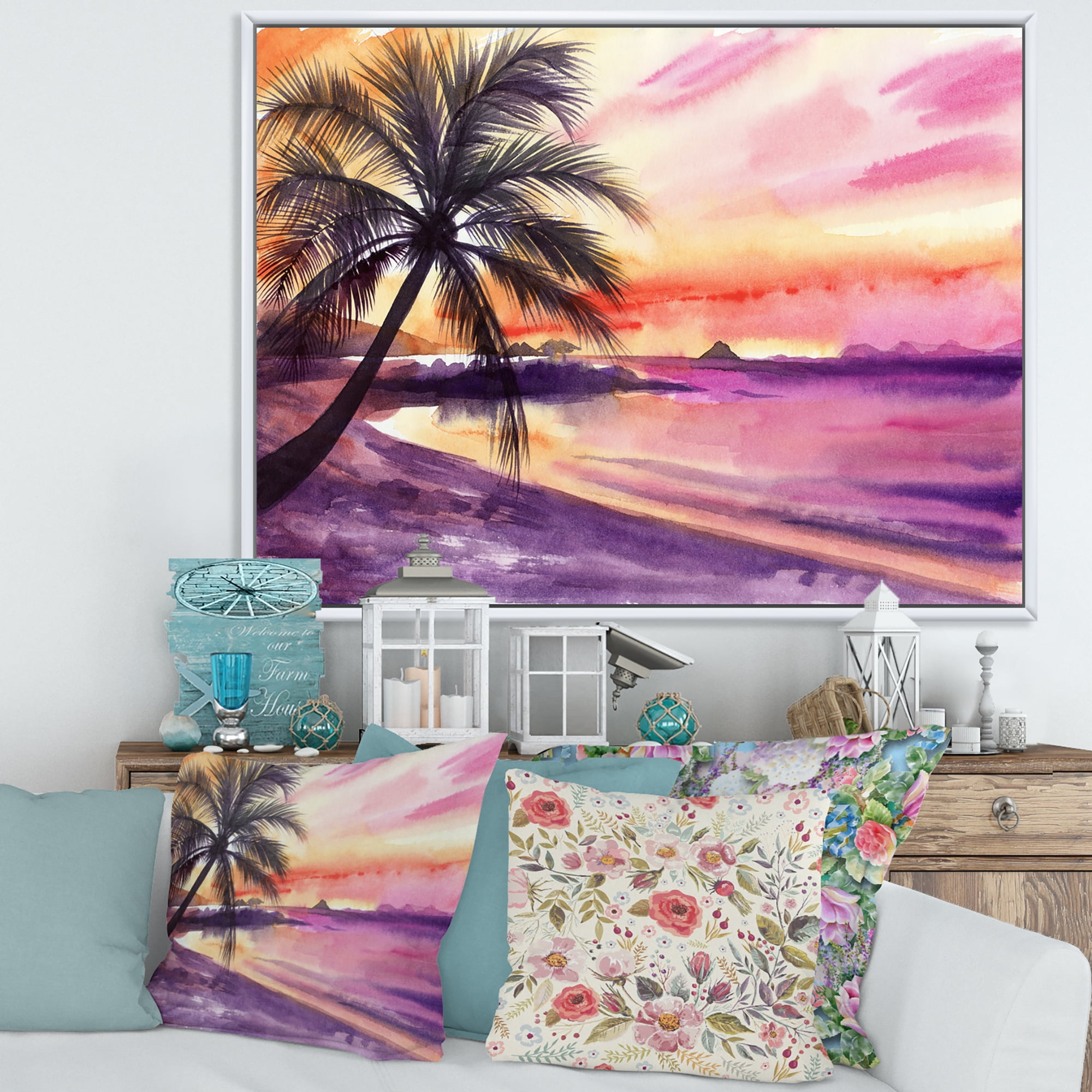 Designart 'Purple and Pink Palm Beach Sunset' Nautical & Coastal Framed Canvas Wall Art Print