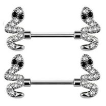 Body Accentz Pair of Pierced Paved Snake Nipple Piercing Rings Steel Barbells - 14G