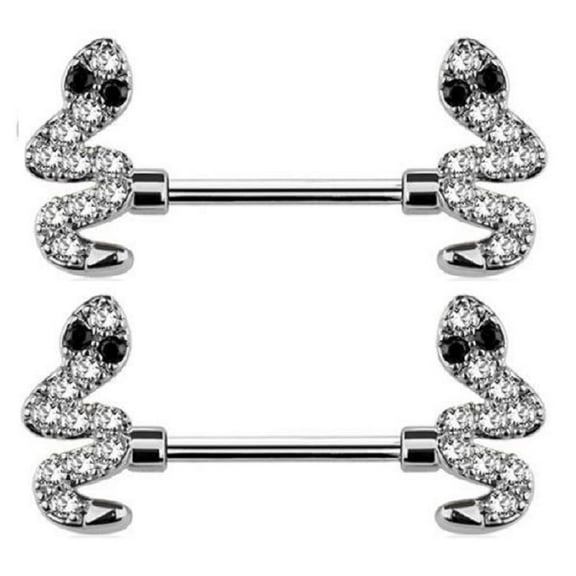 Body Accentz Pair of Pierced Paved Snake Nipple Piercing Rings Steel Barbells - 14G