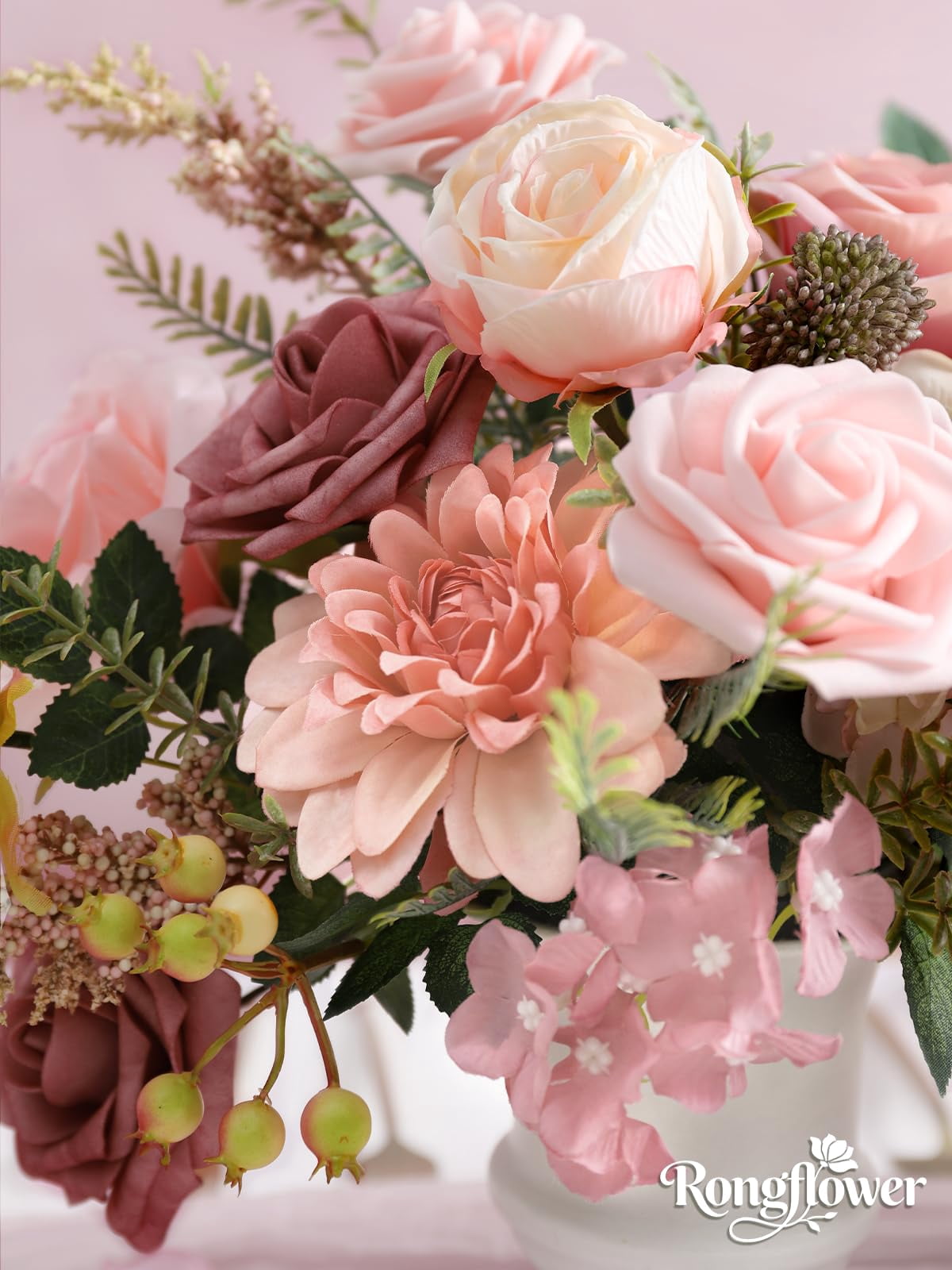 Artificial Flowers Combo Set Fake Flower Leaf Box with Stems for DIY Wedding Bouquets Centerpieces Flower Arrangements Decorations Baby Shower Party Home Decorations Champagne Purple