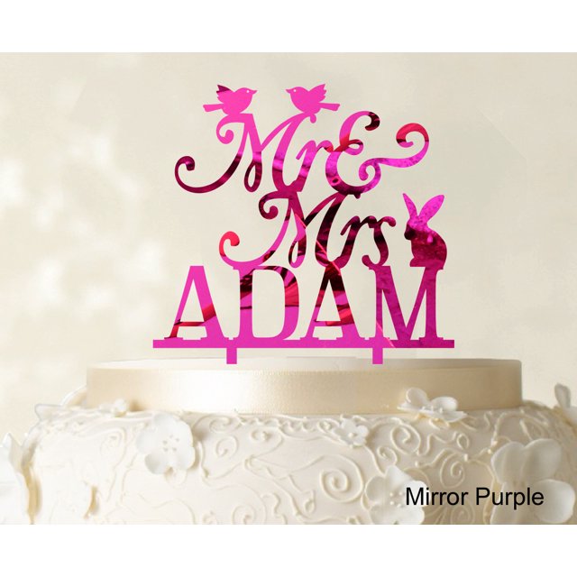 Mr And Mrs Wedding Custom Cake Topper With Birds And Rabbit Elegant Color Option Available 6-7 Inches Wide