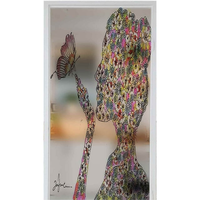 lass Sticker Static Cling Privacy Protection Beautiful Woman with Artistic Design Flowers Forming () 35.4" x 39" Window Film Privacy