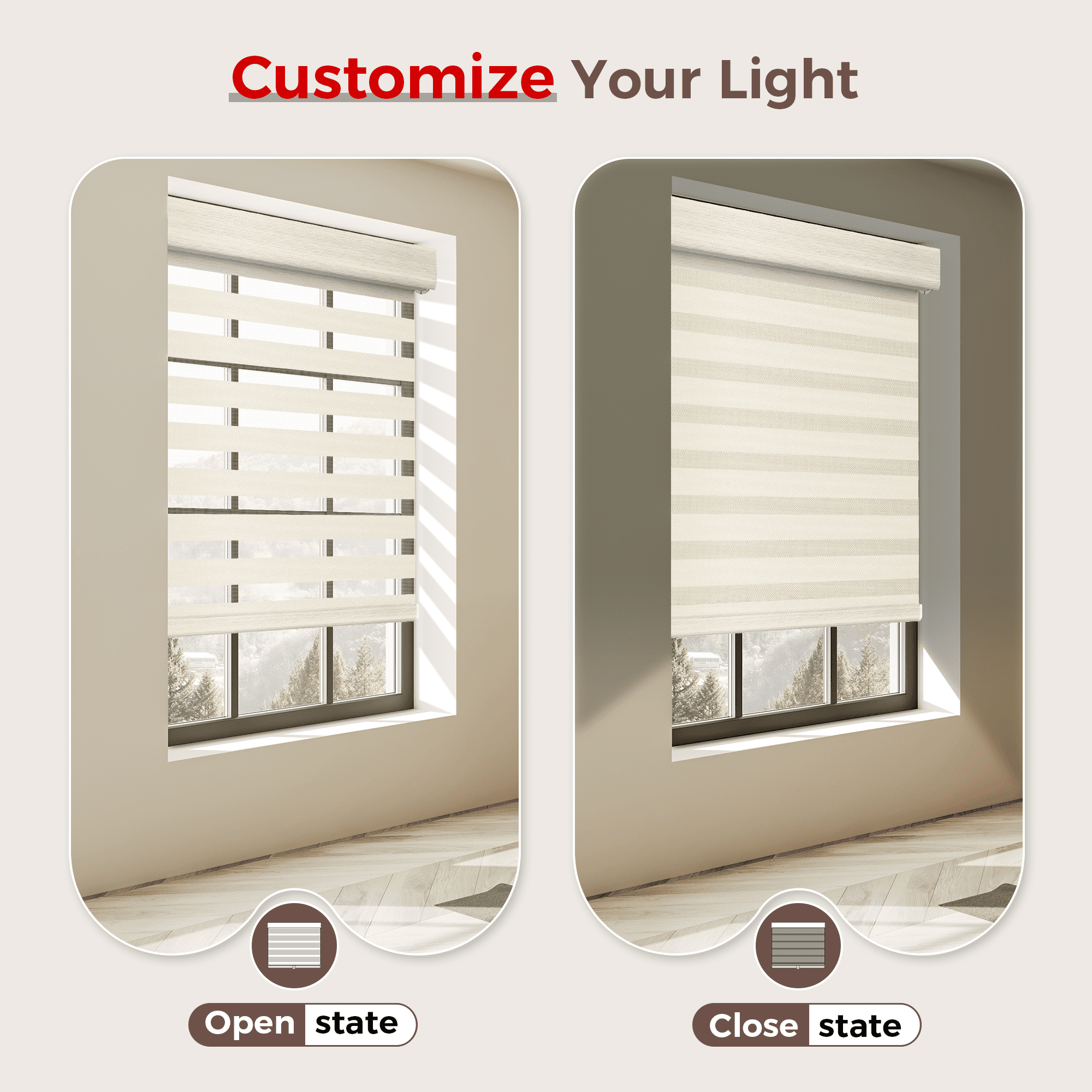 Allesin Zen No Drill No Tools Cordless Zebra Blinds, Beige, 29"Wx48"H