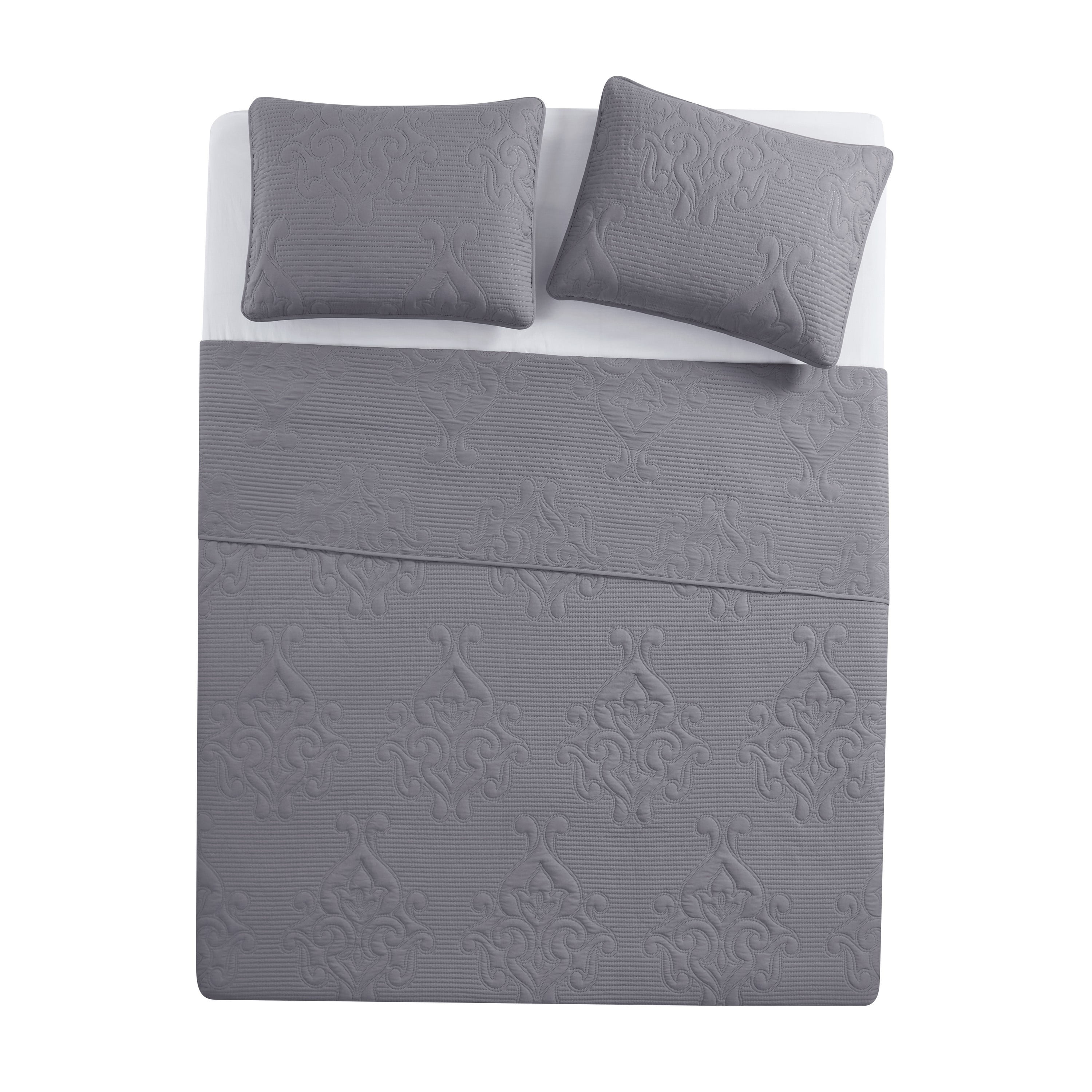 VCNY Home Solomun 3-Piece Grey Pinsonic Damask Quilt Set, King, Adult, Unisex